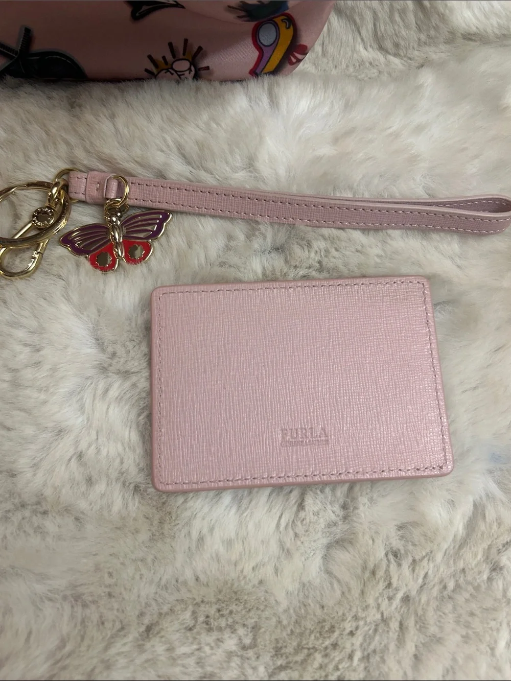 Furla Seasonal pink sticker print canvas clutch, cosmetic bag with mirror/strap